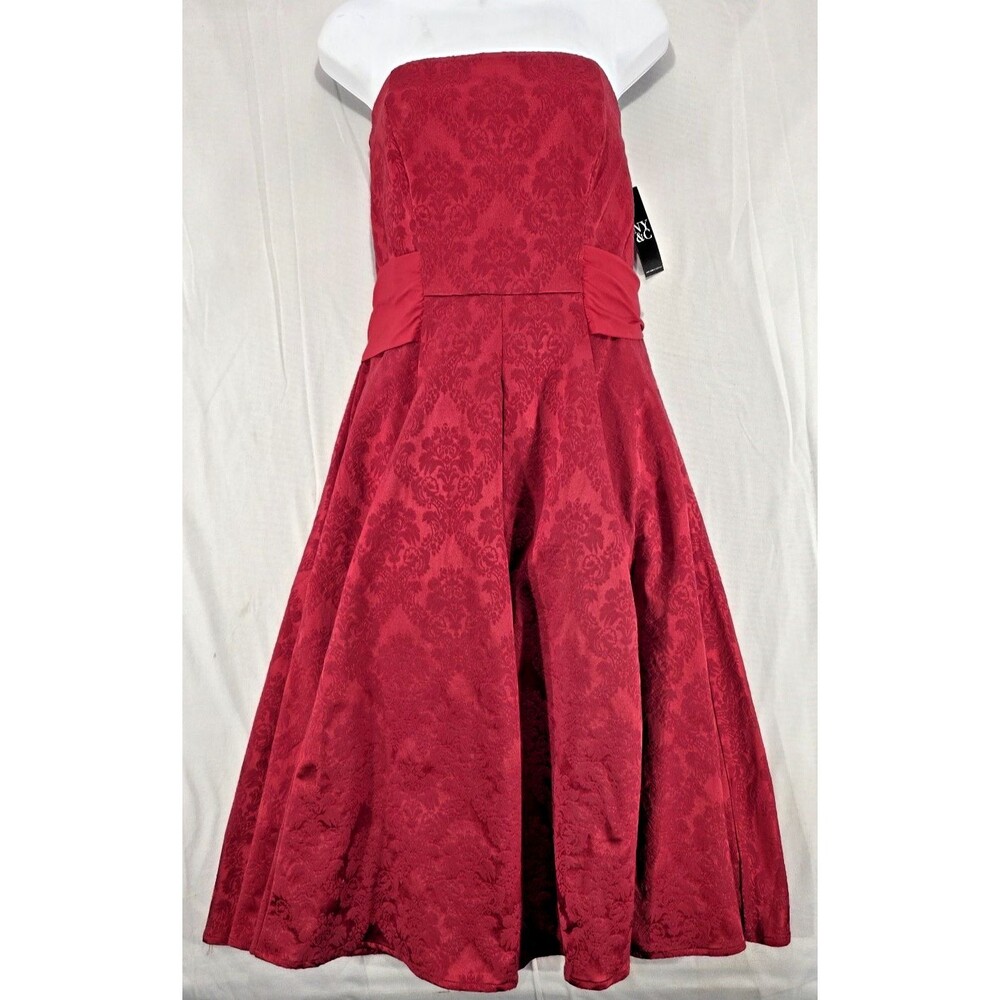 NY&Co Red Strapless Midi Dress 8 NWT Damask Pockets Flare Prom Cocktail Regency